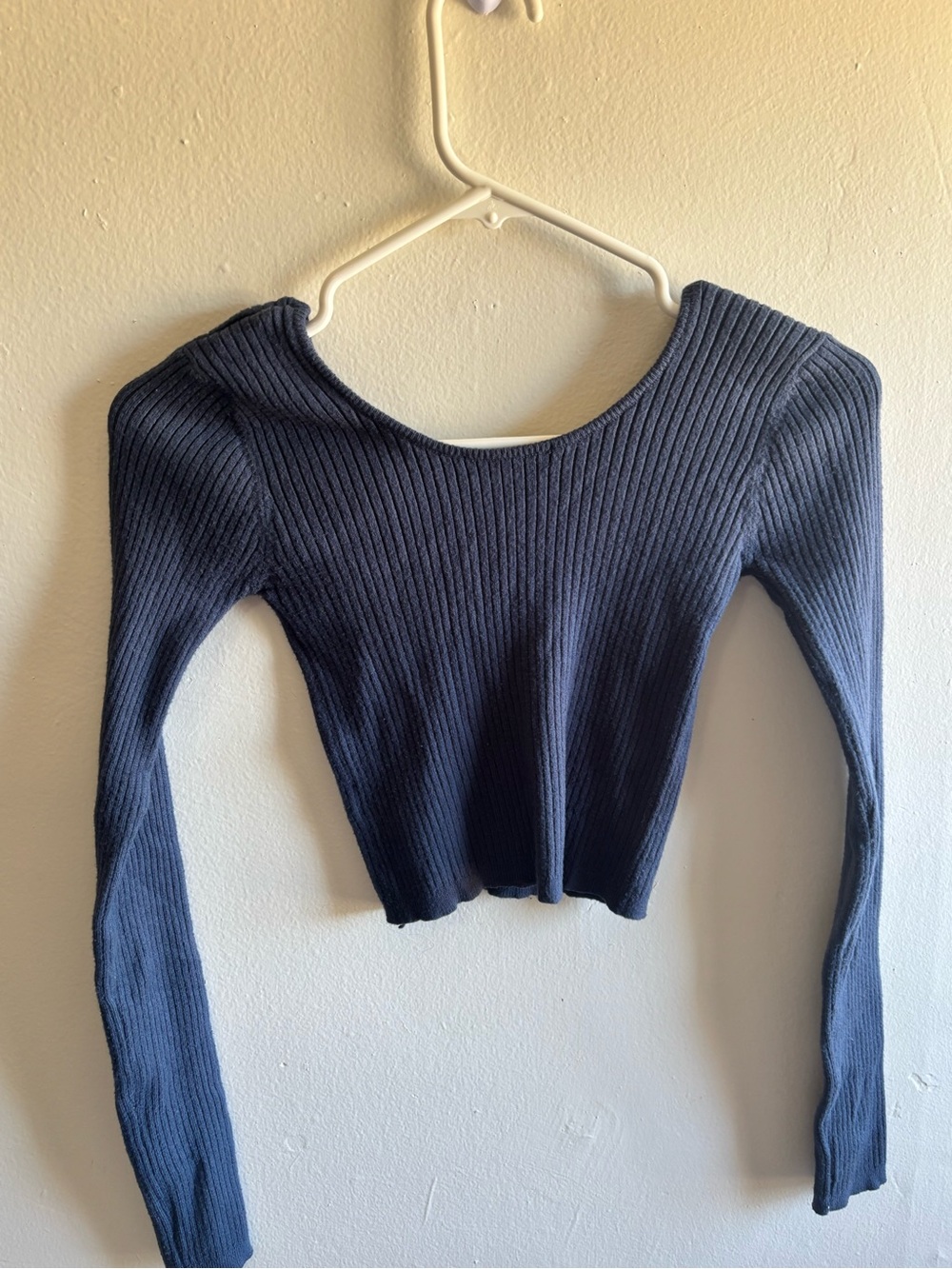Love Tree Ribbed Long Sleeve Scoop Neck Top - Navy Blue